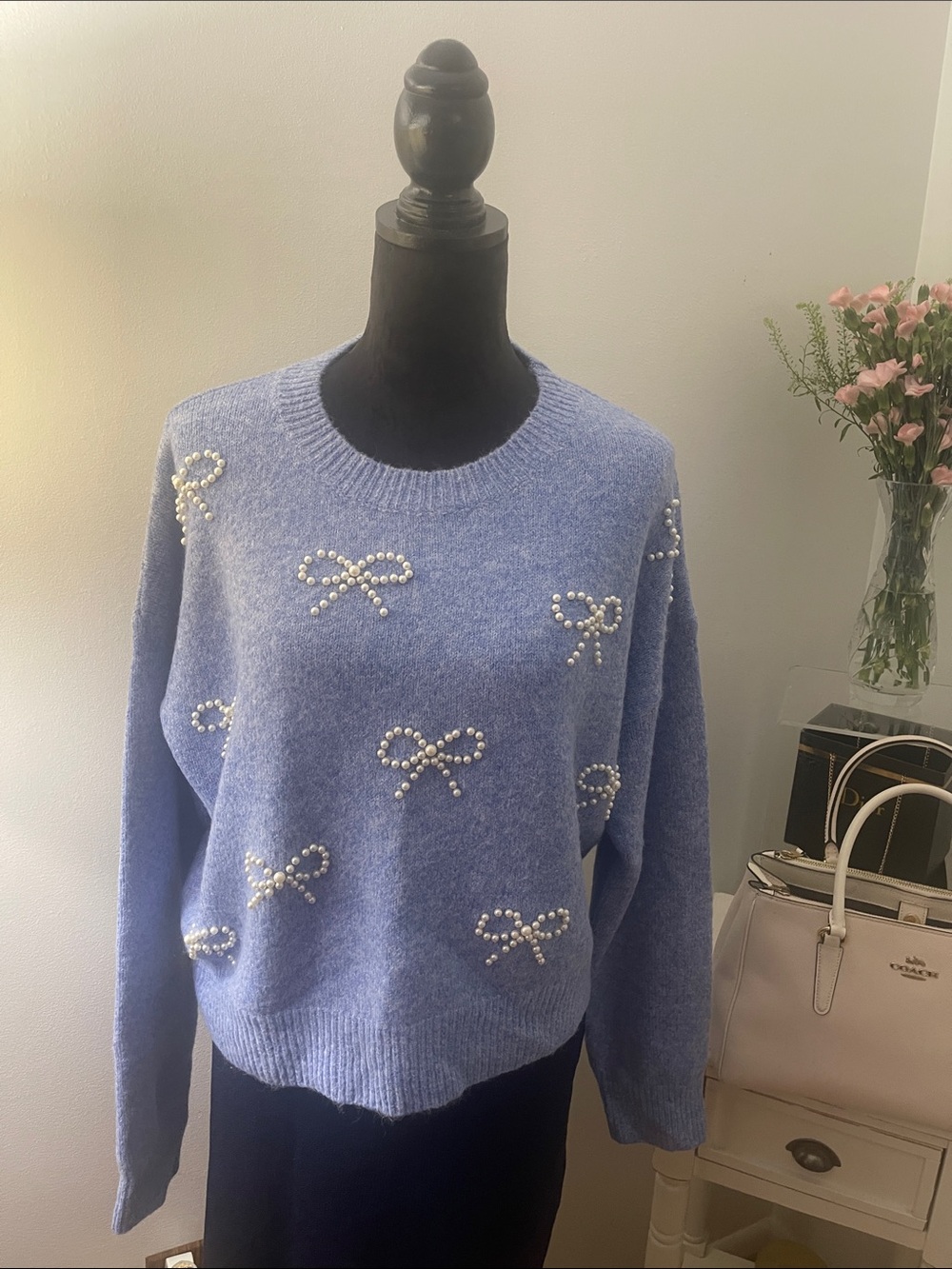 Lulus Periwinkle Blue with Pearl Bow Embellished Sweater